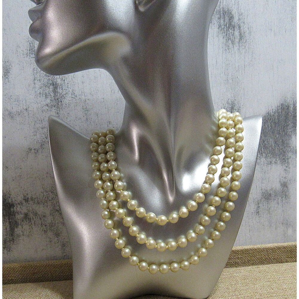 Vintage Triple-Strand Pearl Necklace with Rhinestone Clasp